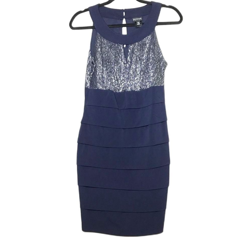 NWOT navy blue metallic silver gold tone knee length dress occasion wedding 8P